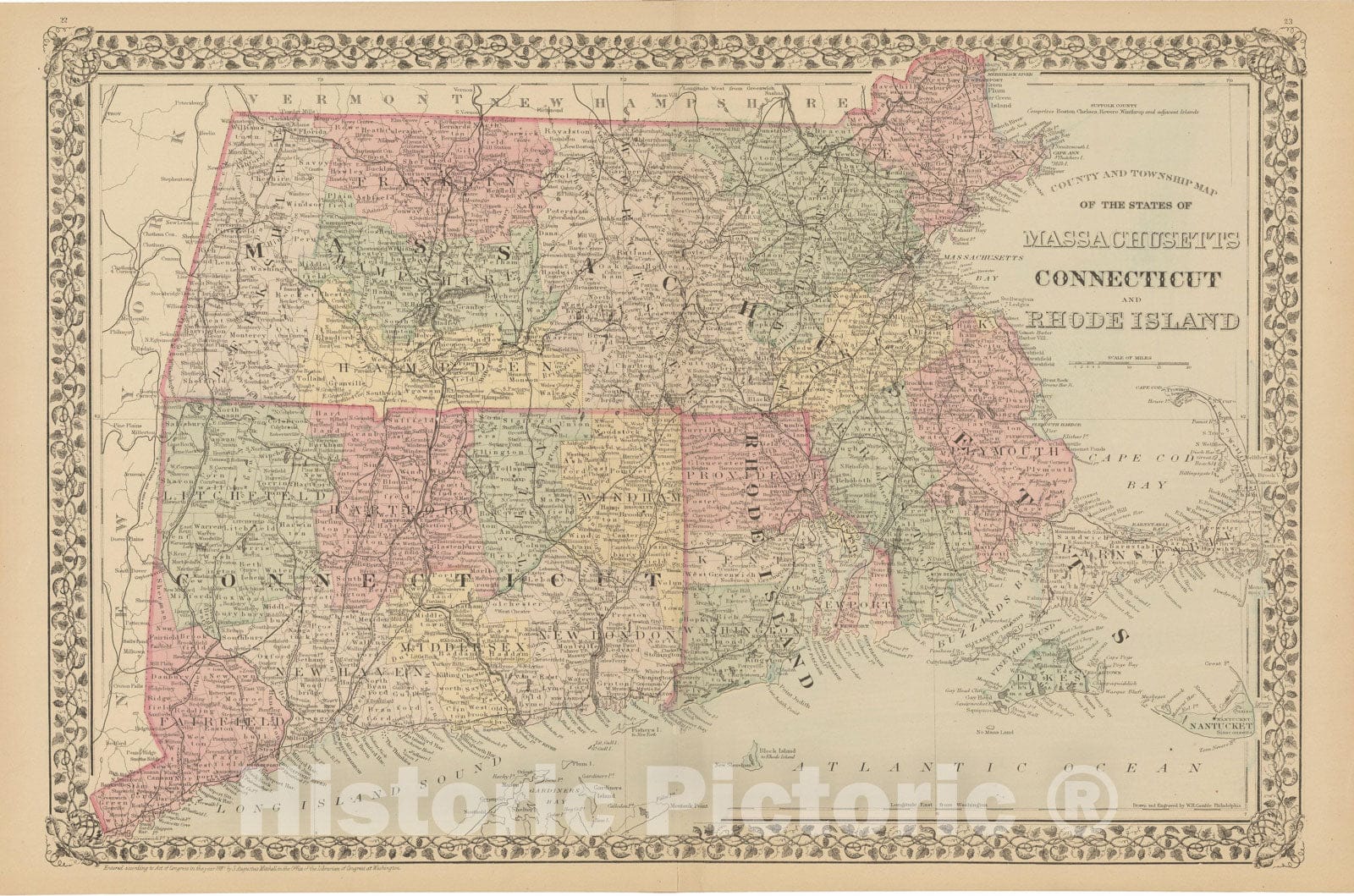 Historic Map : Connecticut & Massachusetts & Rhode Island 1882 , Mitchell's New General Atlas , Vintage Wall Art