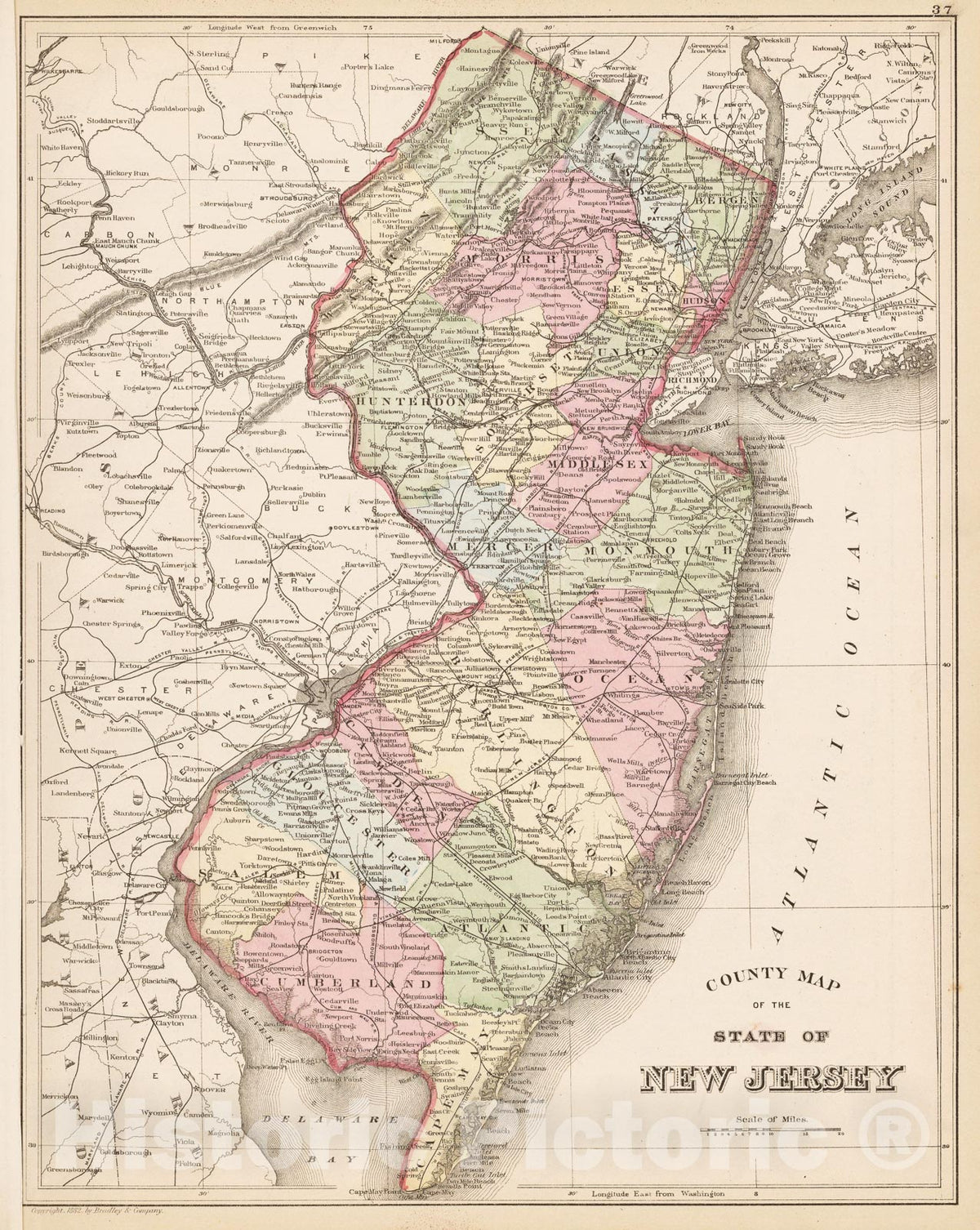 Historic Map : New Jersey 1882 , Mitchell's New General Atlas , Vintage Wall Art