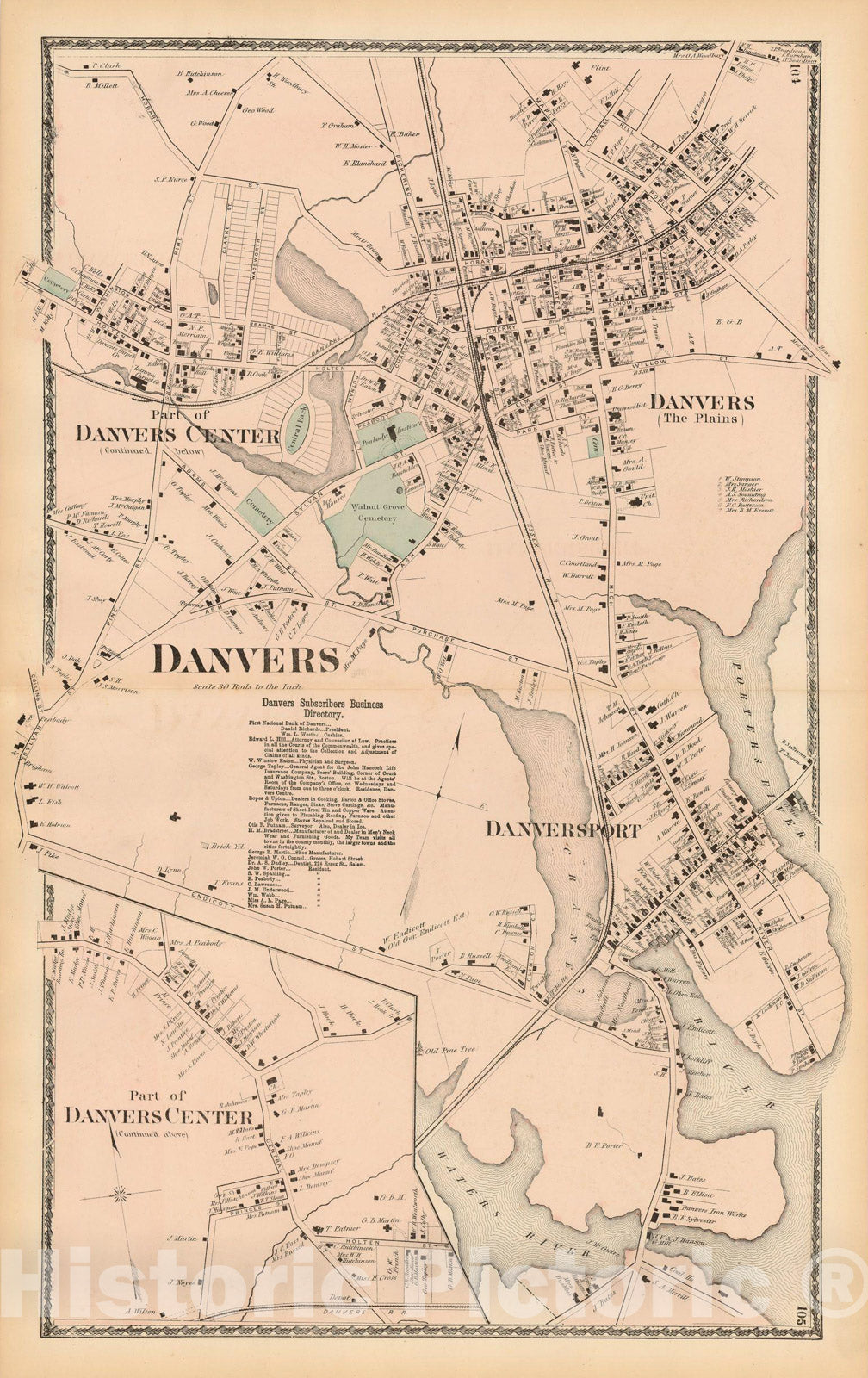 Historic Map : Atlas of Essex County Massachusetts, Danvers 1872 , Vintage Wall Art