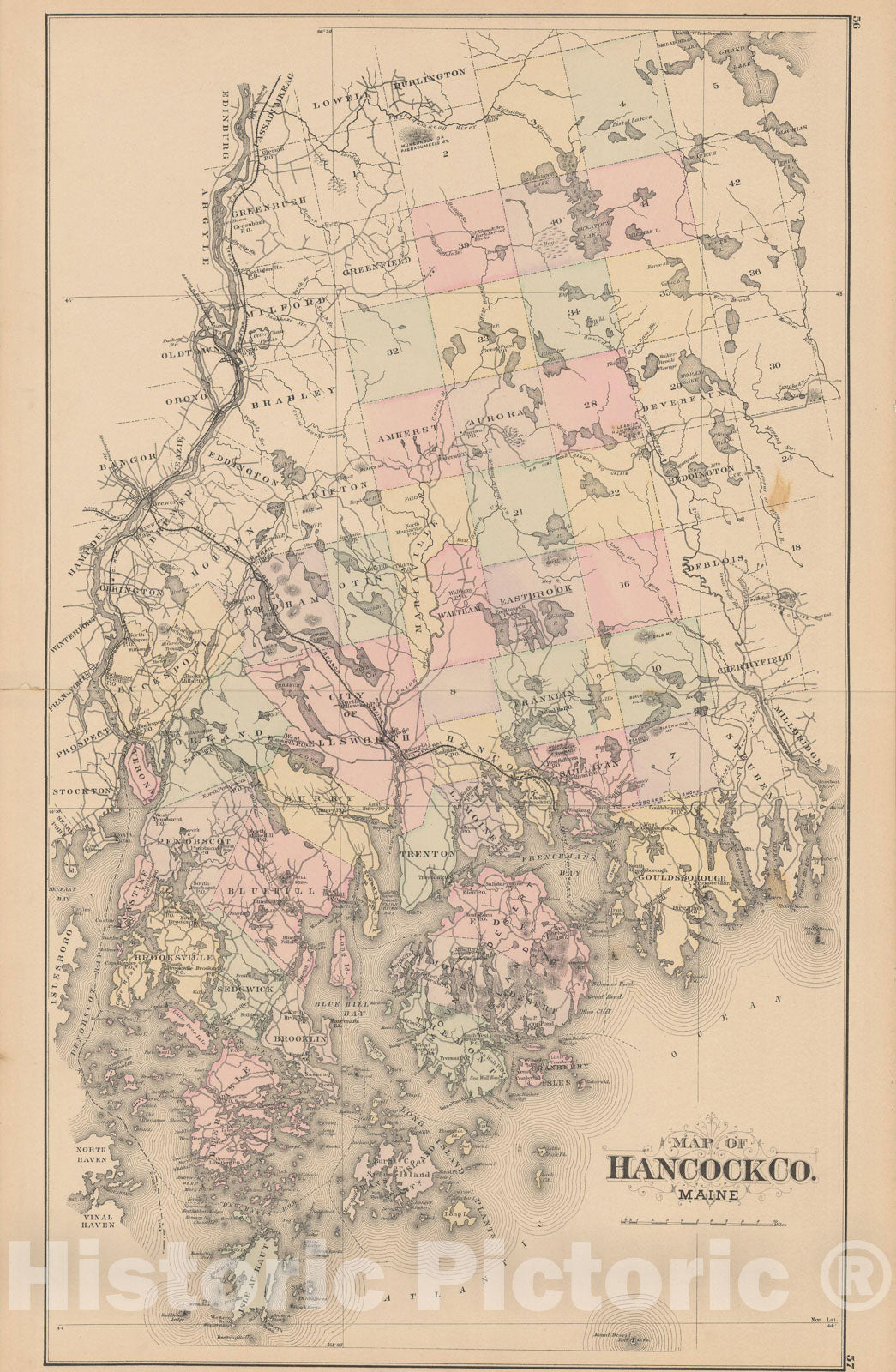 Historic Map : Atlas of Maine, Hancock 1885 , Vintage Wall Art