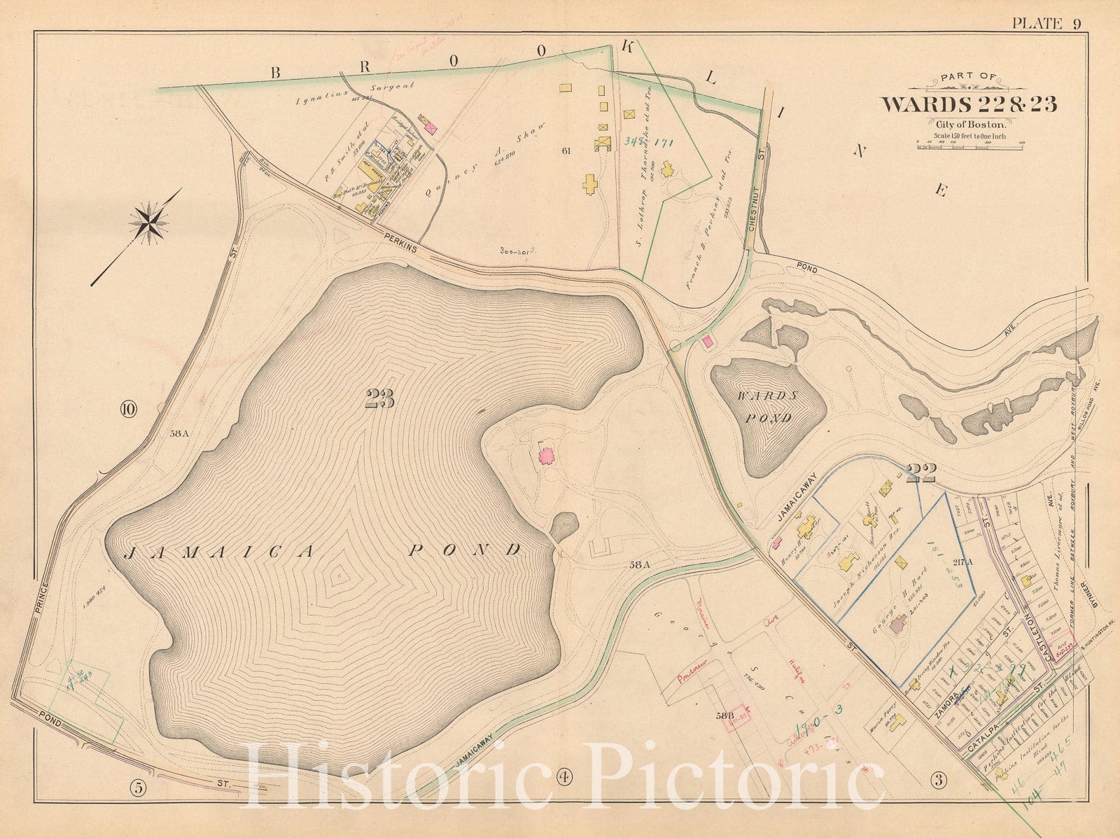 Historic Map : West Roxbury, Jamaica Plain 1896 Plate 009 , Atlas City of Boston - , Vintage Wall Art