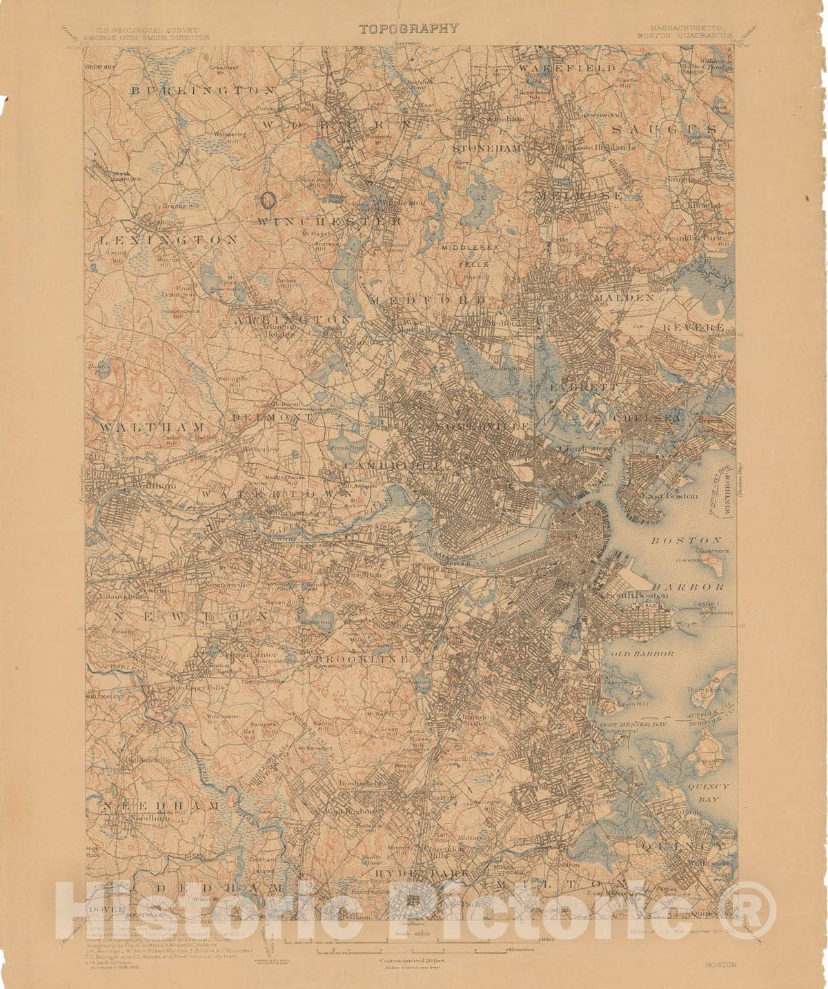 Historic Map : USGS 7.5 Minute Sheets and Quadrangles, Greater Boston 1912 Topographic Map , Vintage Wall Art