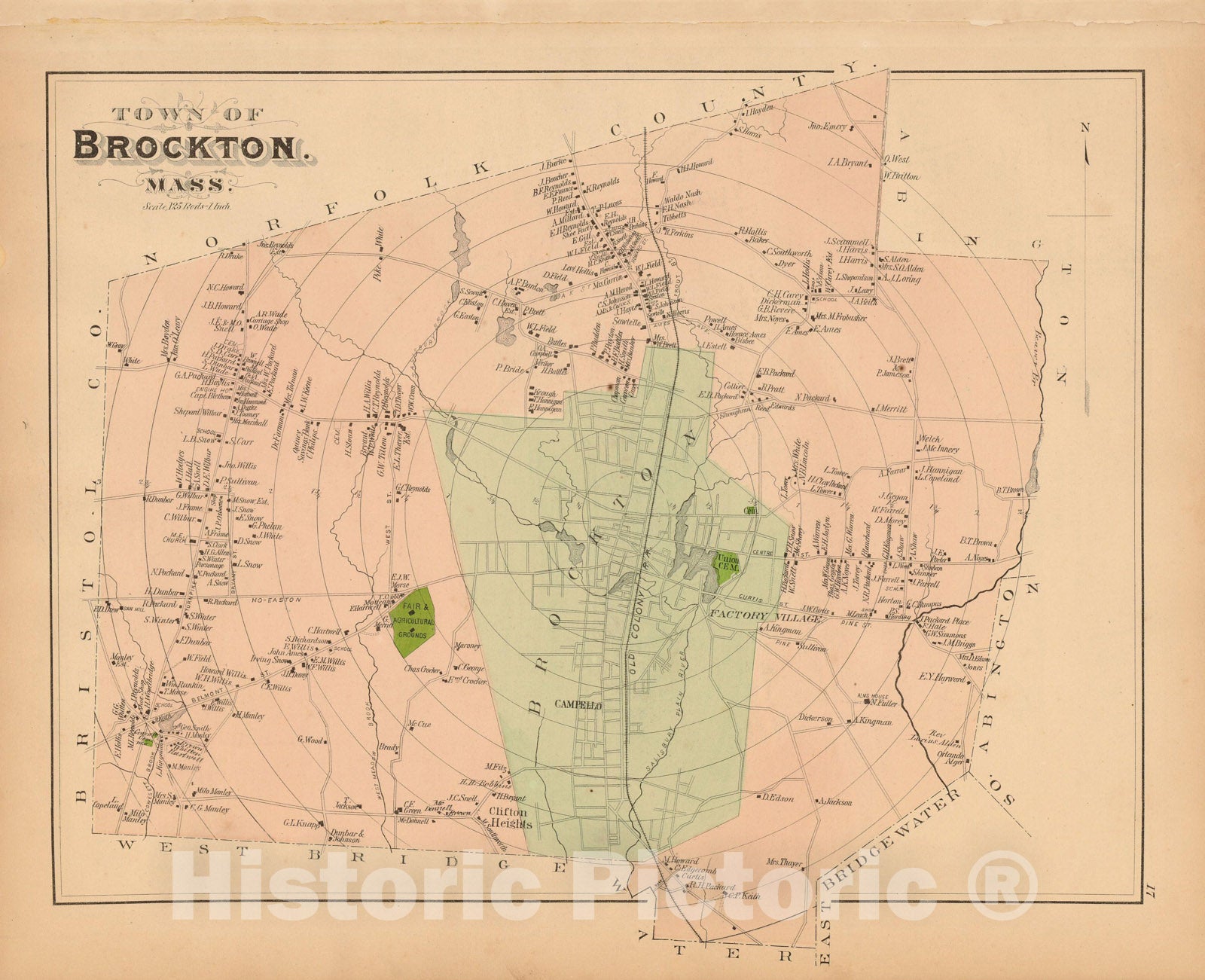 Historic Map : Atlas of Plymouth County Massachusetts, Brockton 1879 , v2, Vintage Wall Art
