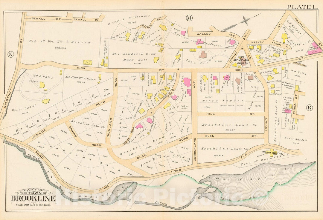 Historic Map : Atlas Town of Brookline, Brookline 1888 Plate L , Vintage Wall Art
