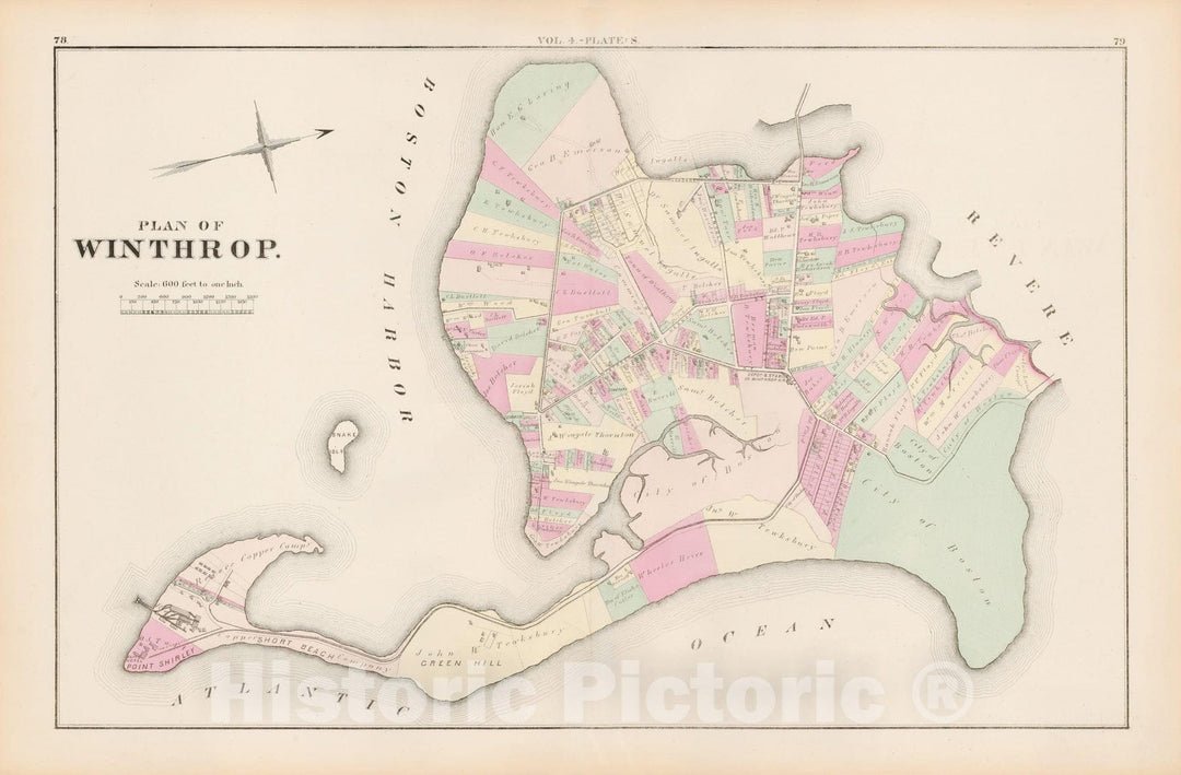 Historic Map : Atlas of county of Suffolk, MA Vol. 4, Winthrop 1874 Plate S , Vintage Wall Art