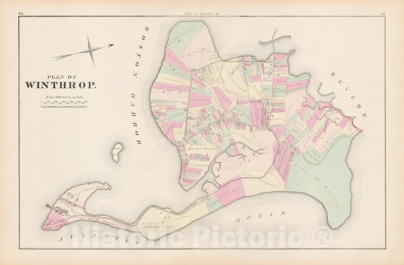 Historic Map : Atlas of county of Suffolk, MA Vol. 4, Winthrop 1874 Plate S , Vintage Wall Art
