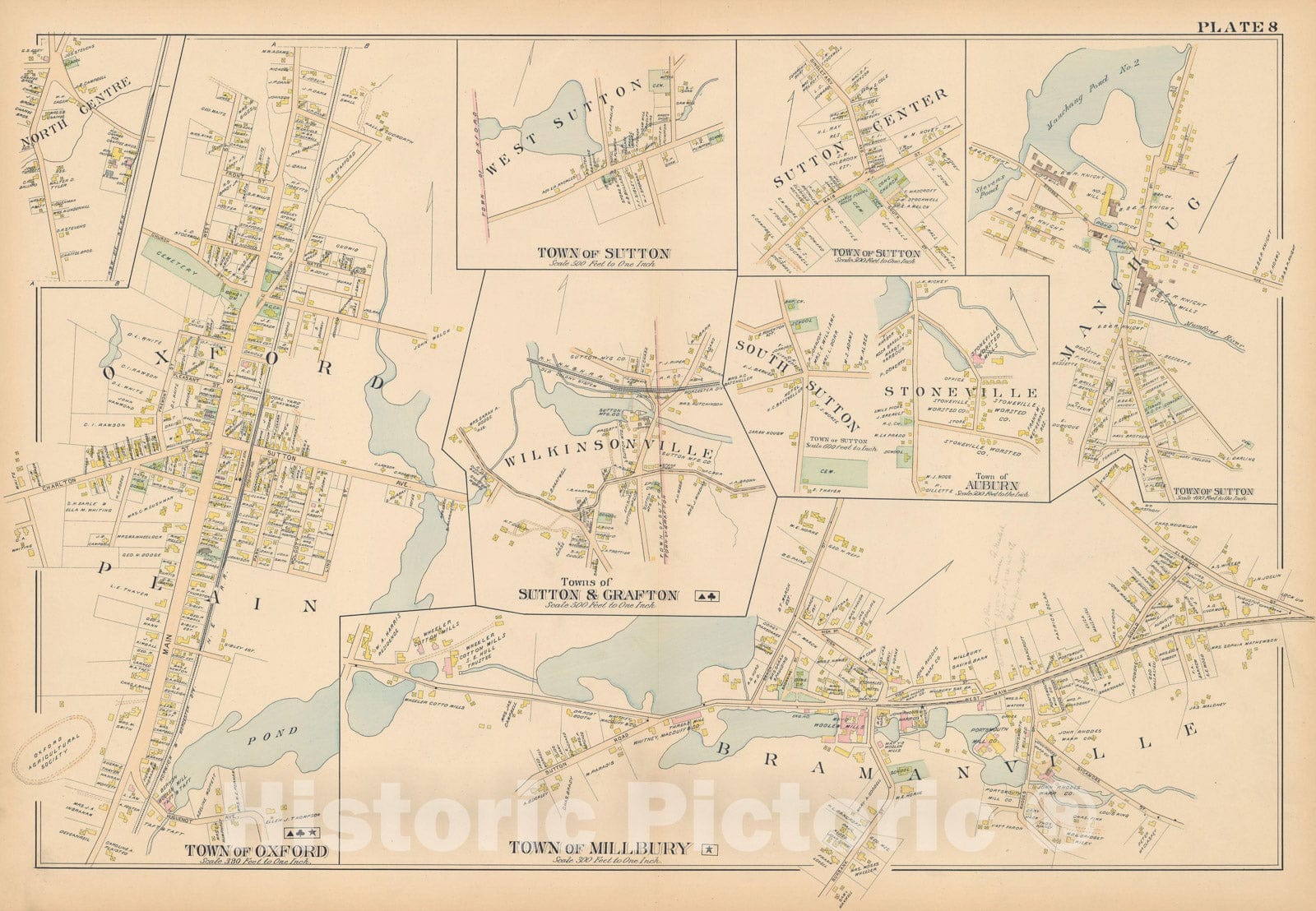 Historic Map : New Topo Atlas County of Worcester, Grafton & Millbury & Oxford & Sutton 1898 Plate 008 , Vintage Wall Art