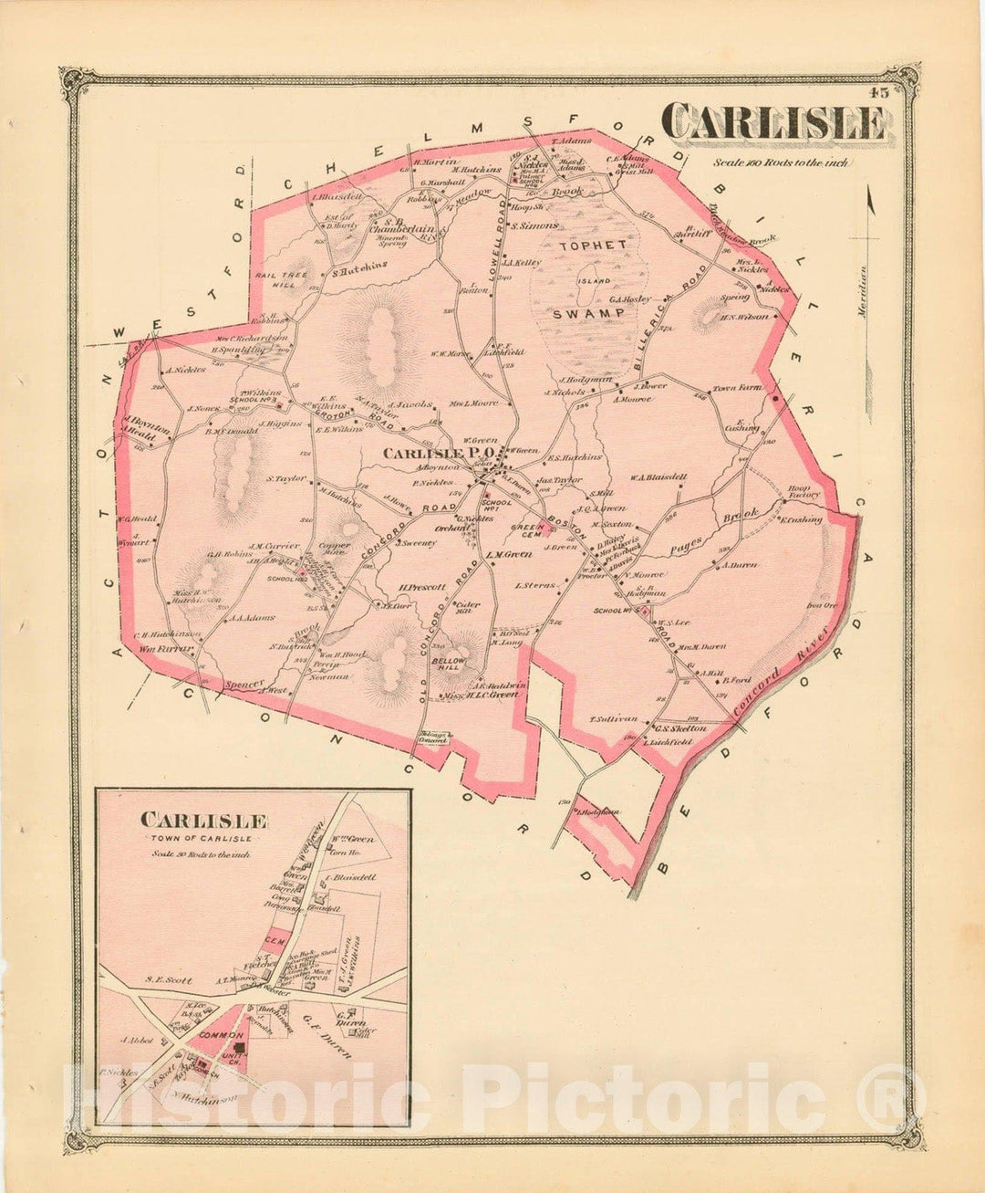 Historic Map : County Atlas of Middlesex Massachusetts, Carlisle 1875 , Vintage Wall Art