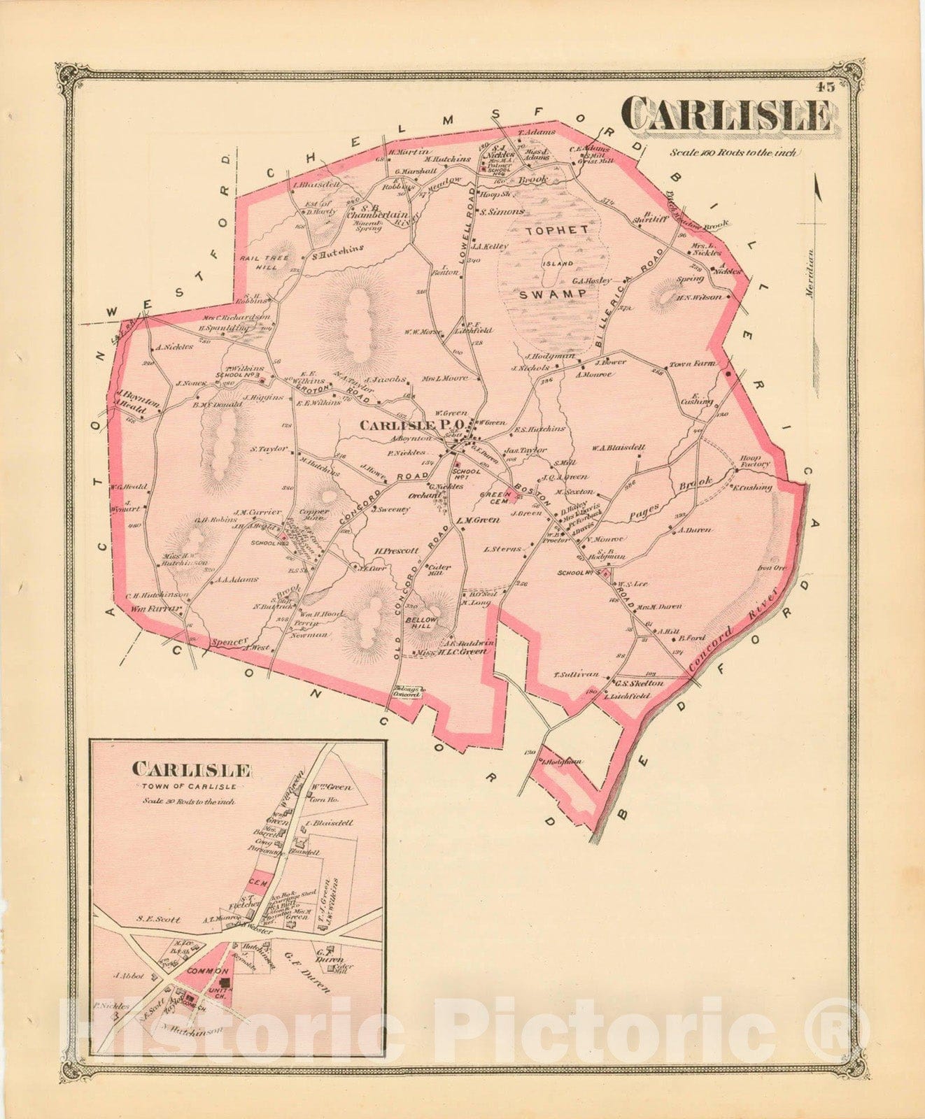 Historic Map : County Atlas of Middlesex Massachusetts, Carlisle 1875 , Vintage Wall Art