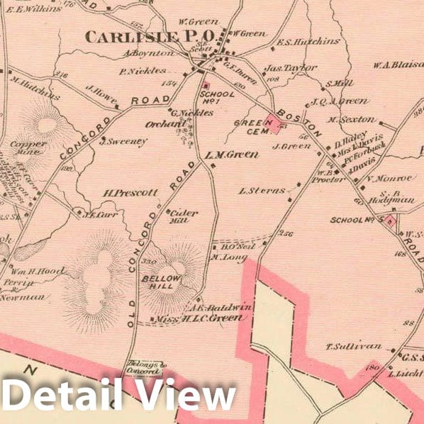 Historic Map : County Atlas of Middlesex Massachusetts, Carlisle 1875 , Vintage Wall Art
