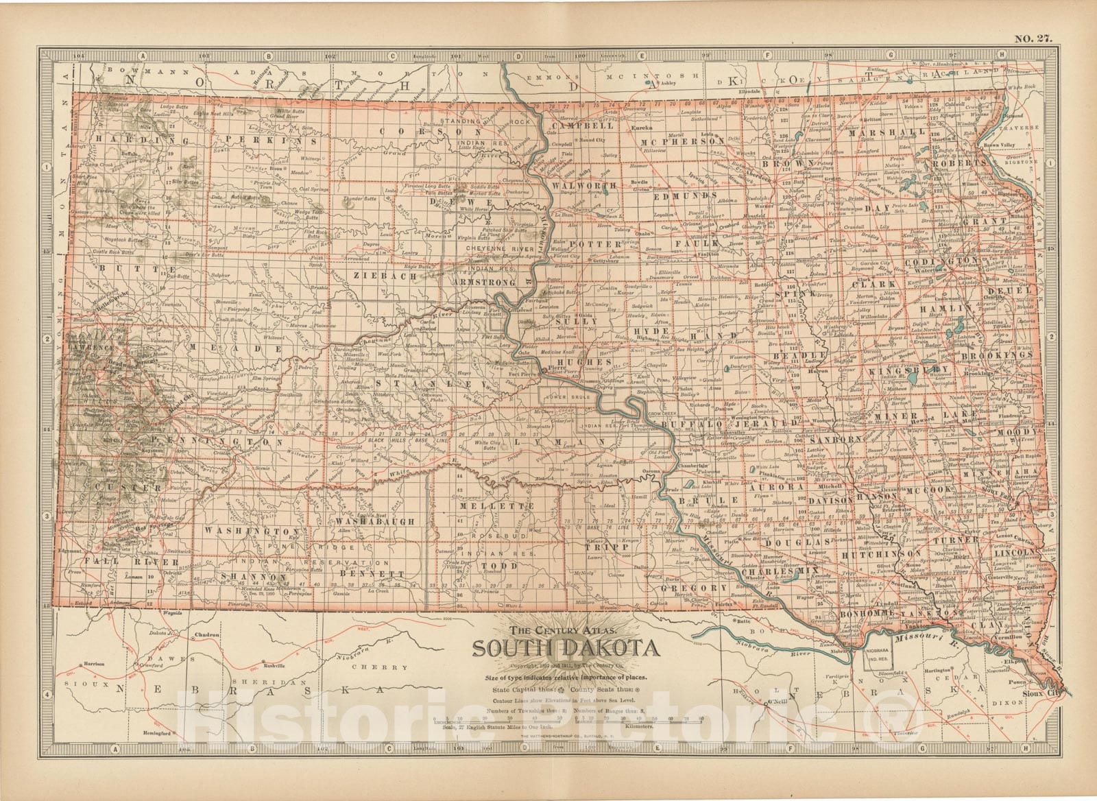 Historic Map : South Dakota 1914 , Century Atlas of the World, Vintage Wall Art