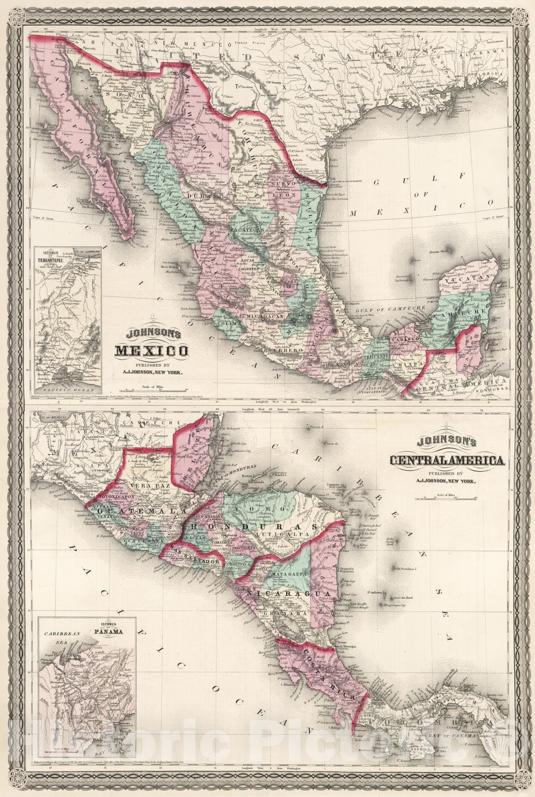 Historic Map : Family Atlas World, Mexico & Guatemala & Honduras & Nicaragua & Costa Rica & Panama 1873 , Vintage Wall Art