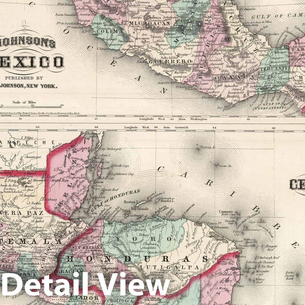 Historic Map : Family Atlas World, Mexico & Guatemala & Honduras & Nicaragua & Costa Rica & Panama 1873 , Vintage Wall Art