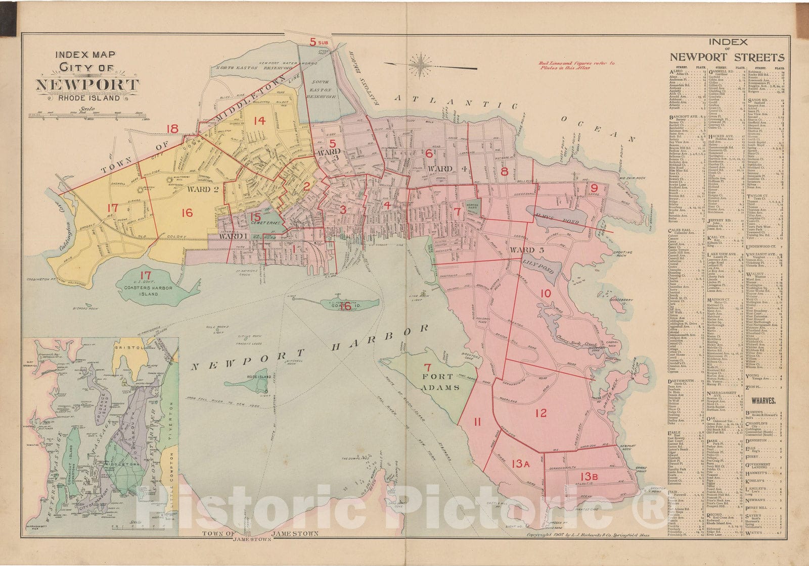 Historic Map : Atlas City of Newport, Rhode Island, Newport 1907 Index Plate , Vintage Wall Art