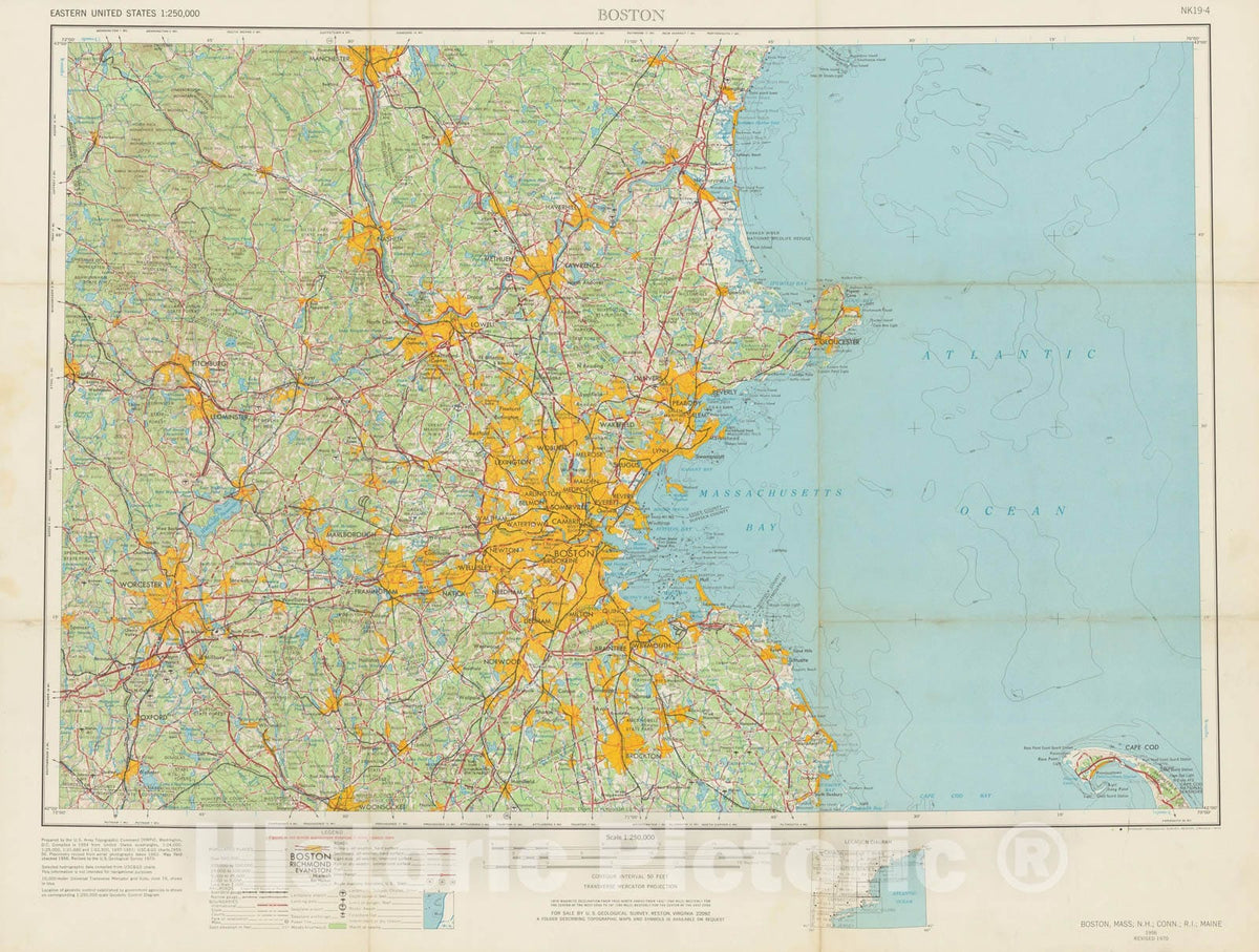 Historic Map : USGS 1:250,000 Topographic, Boston & Framingham & Gloucester & Lowell & Manchester & Nashua & Provincetown 1975 , Vintage Wall Art
