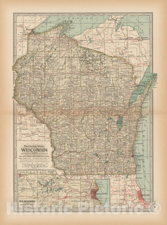 Historic Map : Wisconsin 1897 , The Century Atlas World , Vintage Wall Art