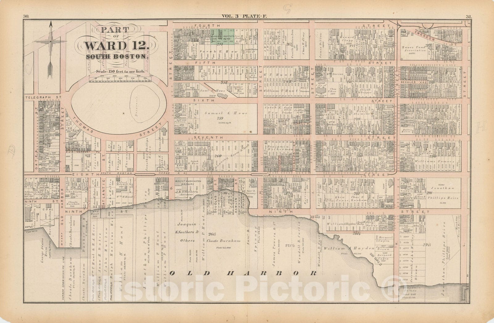 Historic Map : Atlas of County of Suffolk, MA Vol. 3rd, South Boston 1874 Plate F , Vintage Wall Art