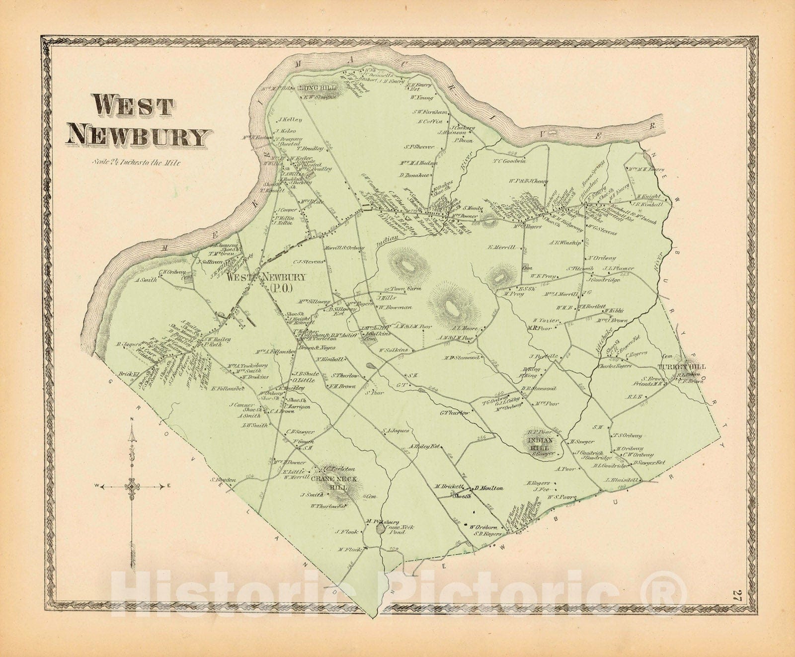 Historic Map : Atlas of Essex County Massachusetts, West Newbury 1872 , Vintage Wall Art