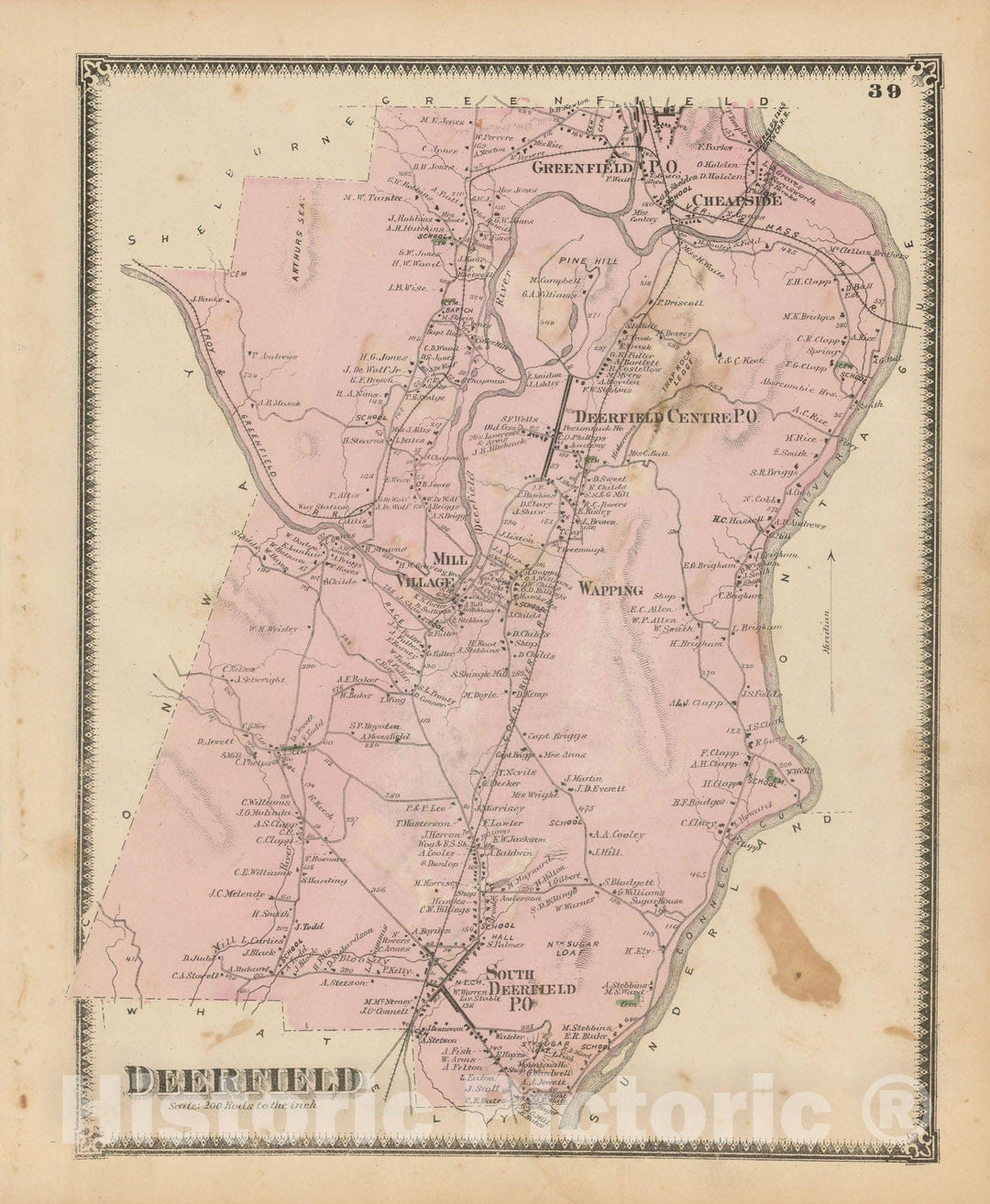 Historic Map : Atlas of Franklin Co. Massachusetts, Deerfield 1871 , Vintage Wall Art