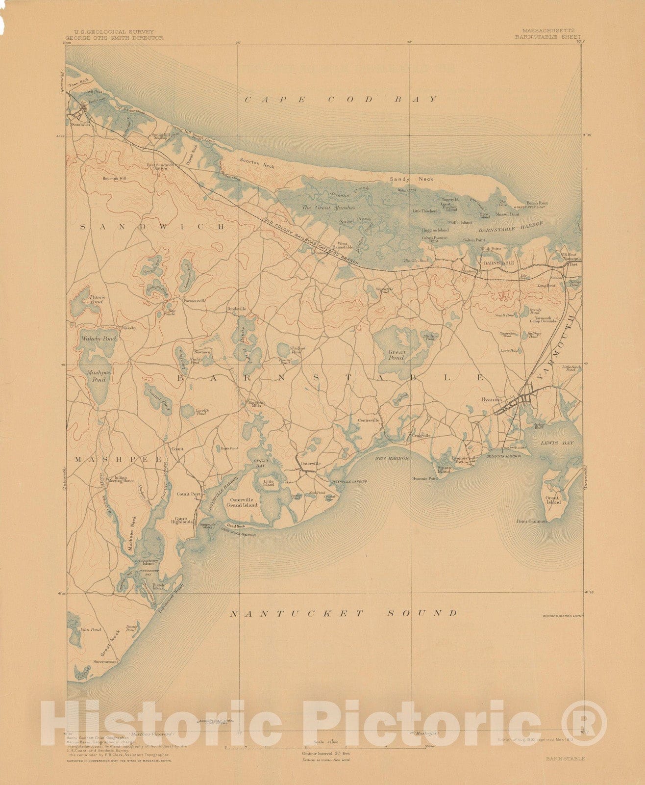 Historic Map : USGS 7.5 Minute Sheets and Quadrangles, Barnstable & Hyannis & Sandwich 1913 Topographic Map , Vintage Wall Art