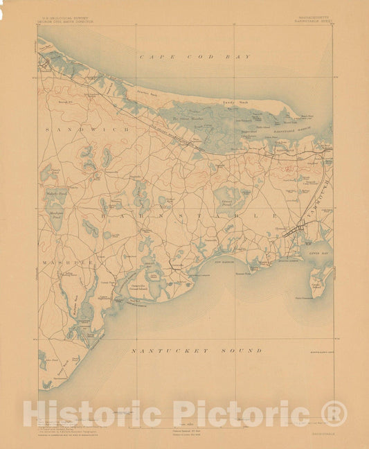 Historic Map : USGS 7.5 Minute Sheets and Quadrangles, Barnstable & Hyannis & Sandwich 1913 Topographic Map , Vintage Wall Art