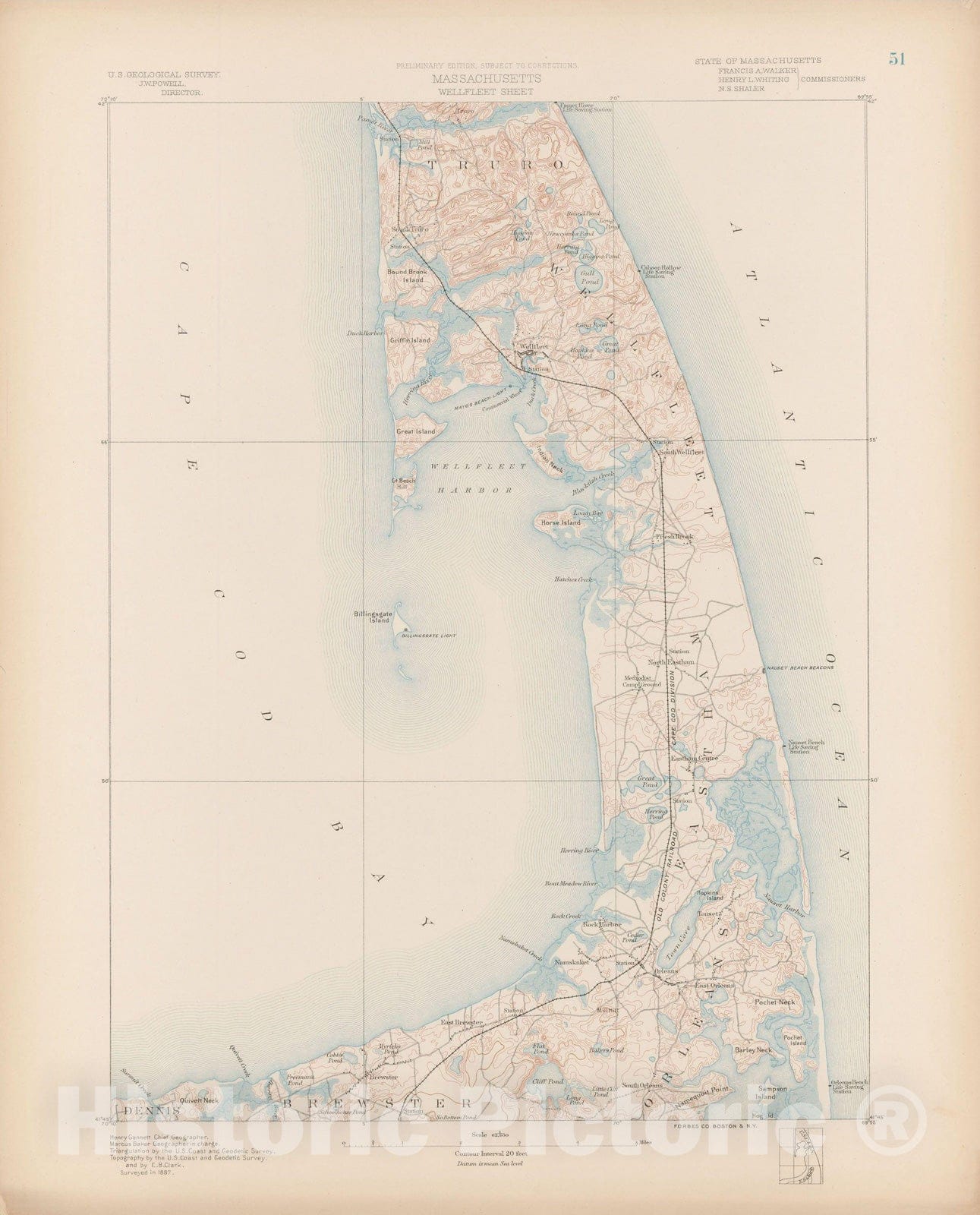 Historic Map : Cape Cod & Eastham & Truro & Wellfleet 1890 Topographic Map , Vintage Wall Art