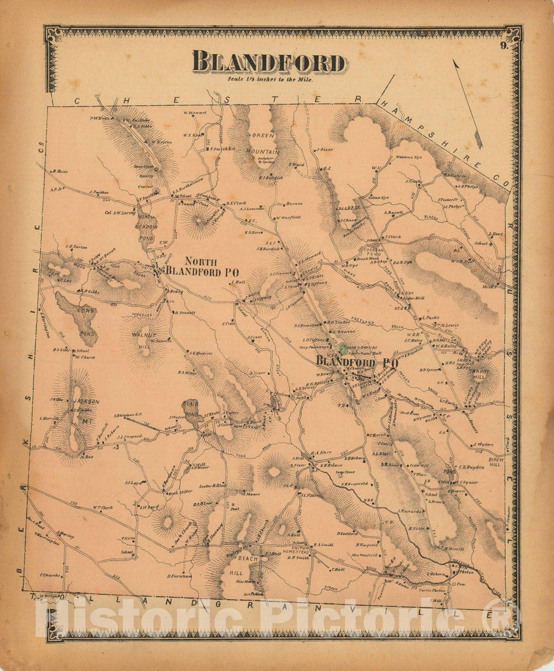 Historic Map : Atlas of Hampden County Massachusetts, Blandford 1870 , Vintage Wall Art