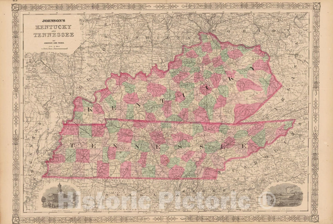 Historic Map : Kentucky & Tennessee 1865 , Johnson's Family Atlas , Vintage Wall Art