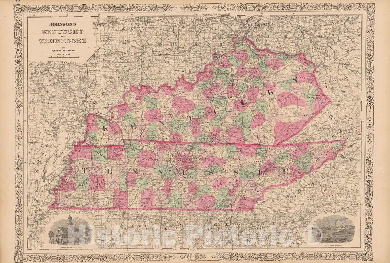 Historic Map : Kentucky & Tennessee 1865 , Johnson's Family Atlas , Vintage Wall Art
