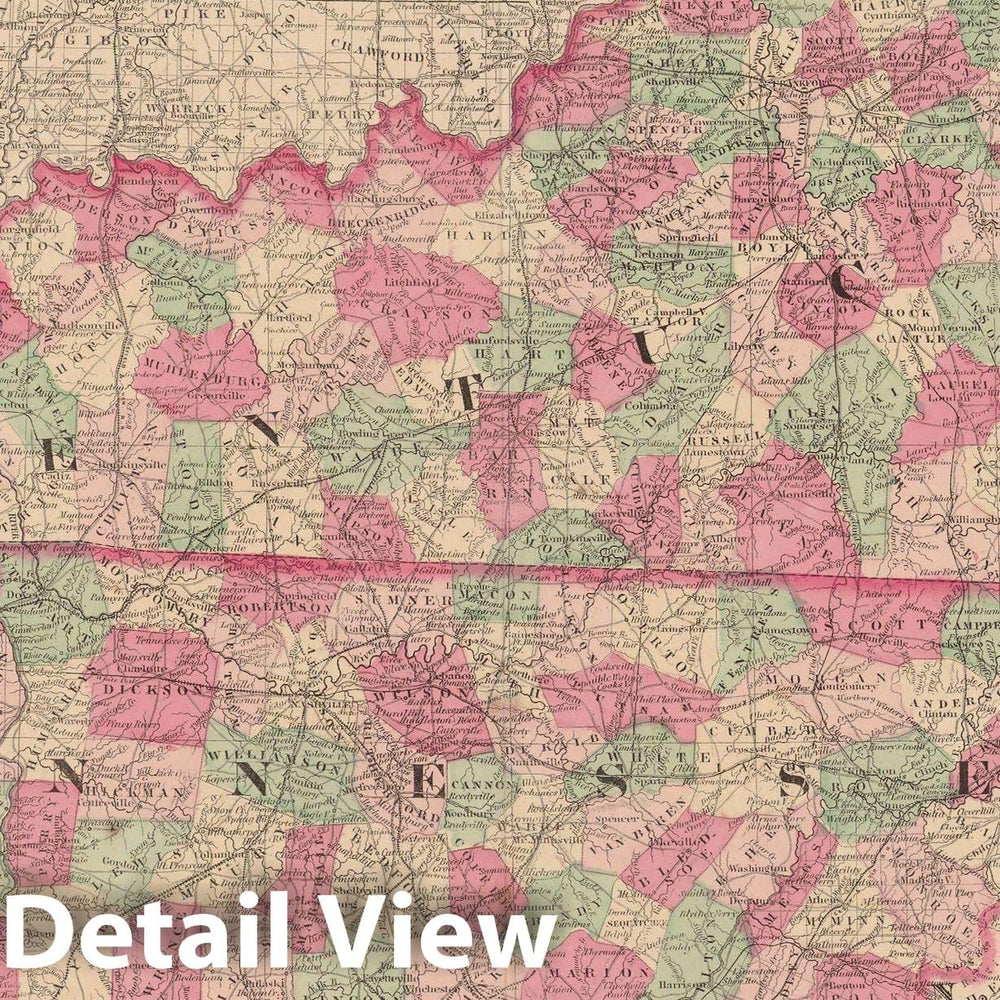 Historic Map : Kentucky & Tennessee 1865 , Johnson's Family Atlas , Vintage Wall Art