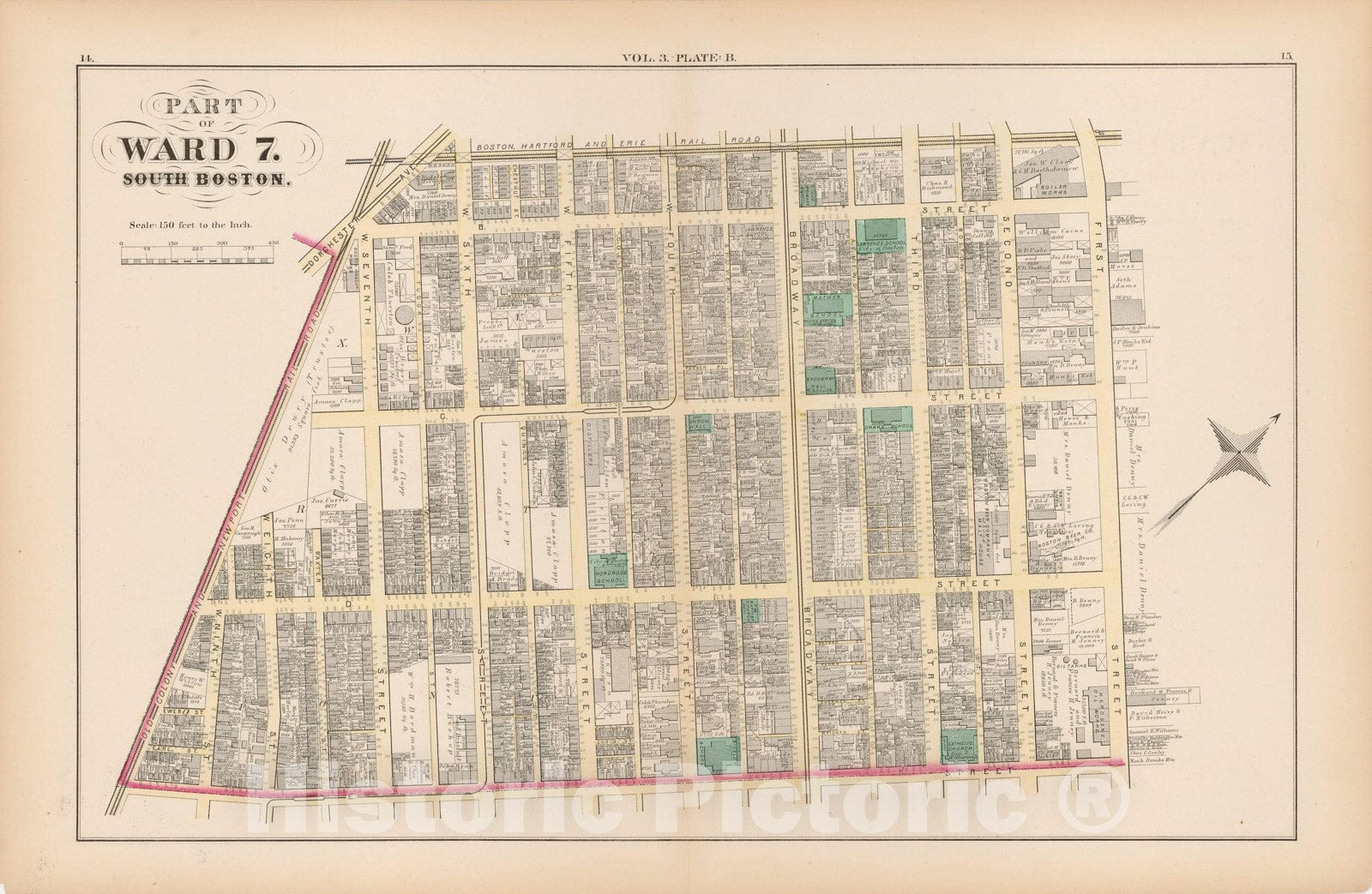 Historic Map : Atlas of County of Suffolk, MA Vol. 3rd, South Boston 1874 Plate B , Vintage Wall Art