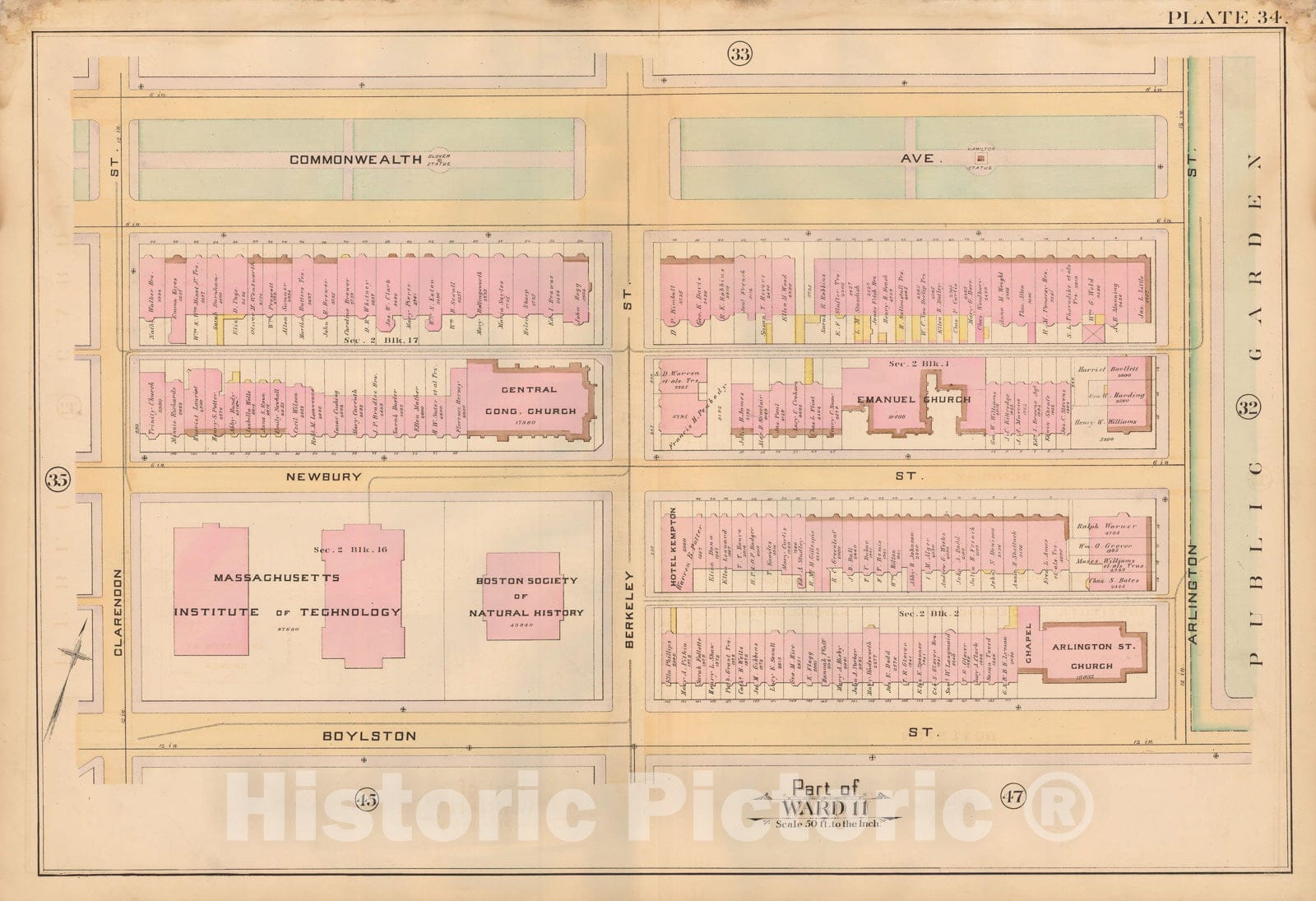 Historic Map : Atlas City of Boston, City Proper, Vol. 2, Boston 1888 Plate 034 , Vintage Wall Art