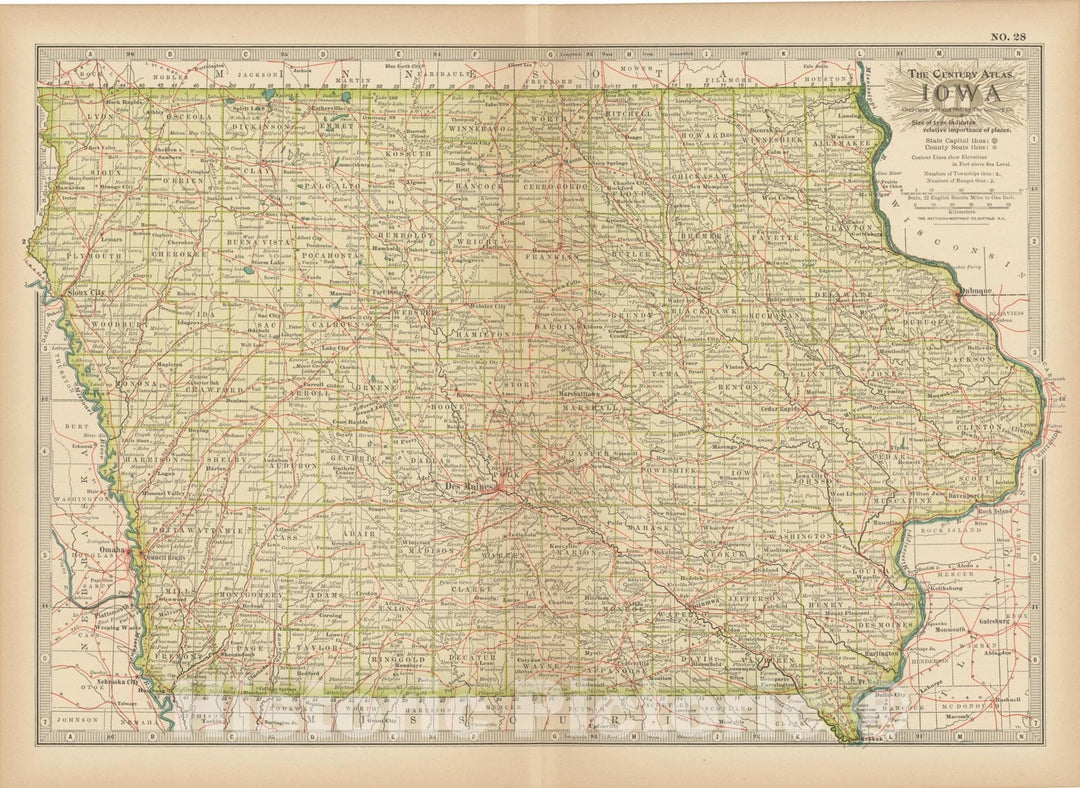 Historic Map : Iowa 1914 , Century Atlas of the World, Vintage Wall Art