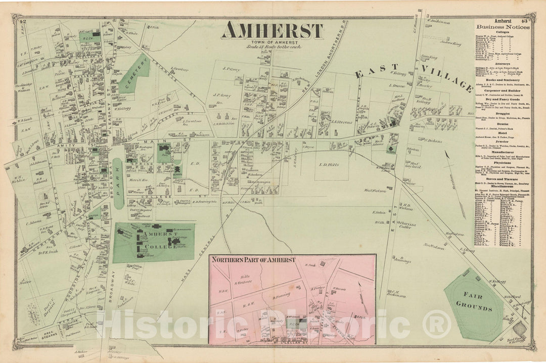 Historic Map : Atlas of Hampshire County Massachusetts, Amherst 1873 , Vintage Wall Art