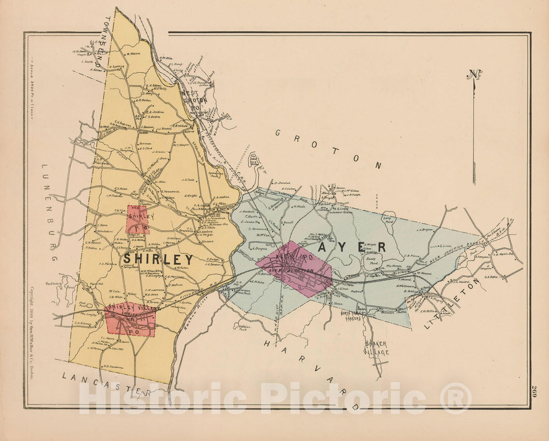 Historic Map : Atlas of Middlesex County, Massachusetts, Ayer & Shirley 1889 , Vintage Wall Art