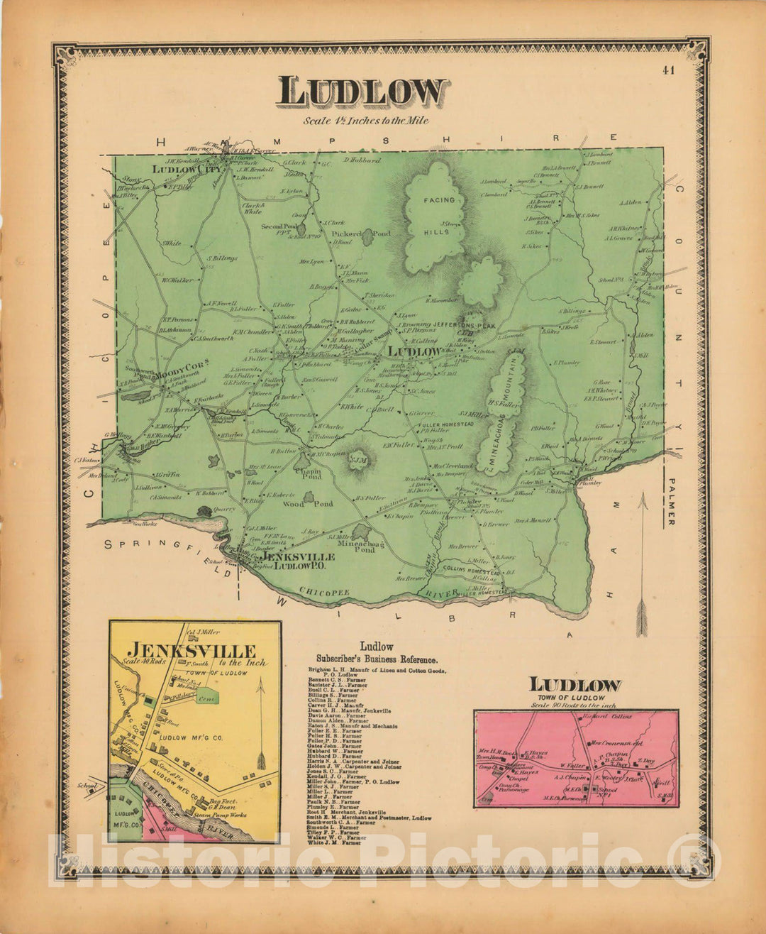 Historic Map : Atlas of Hampden County Massachusetts, Ludlow 1870 , Vintage Wall Art