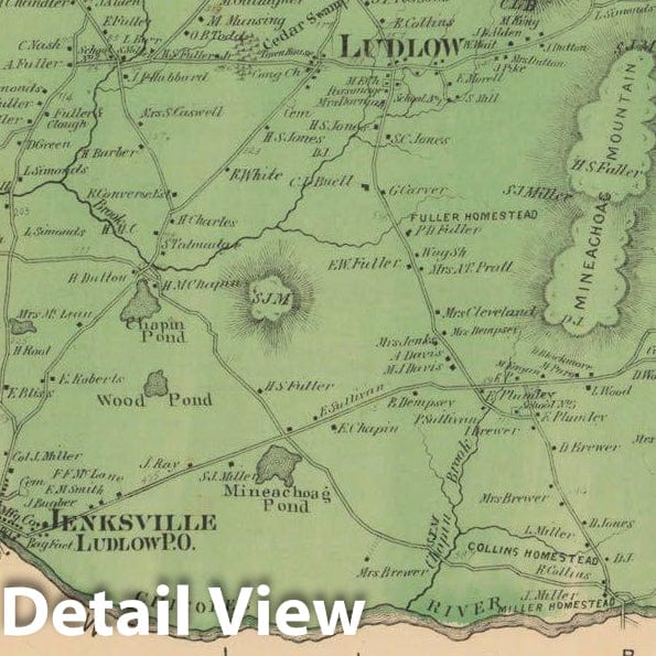 Historic Map : Atlas of Hampden County Massachusetts, Ludlow 1870 , Vintage Wall Art