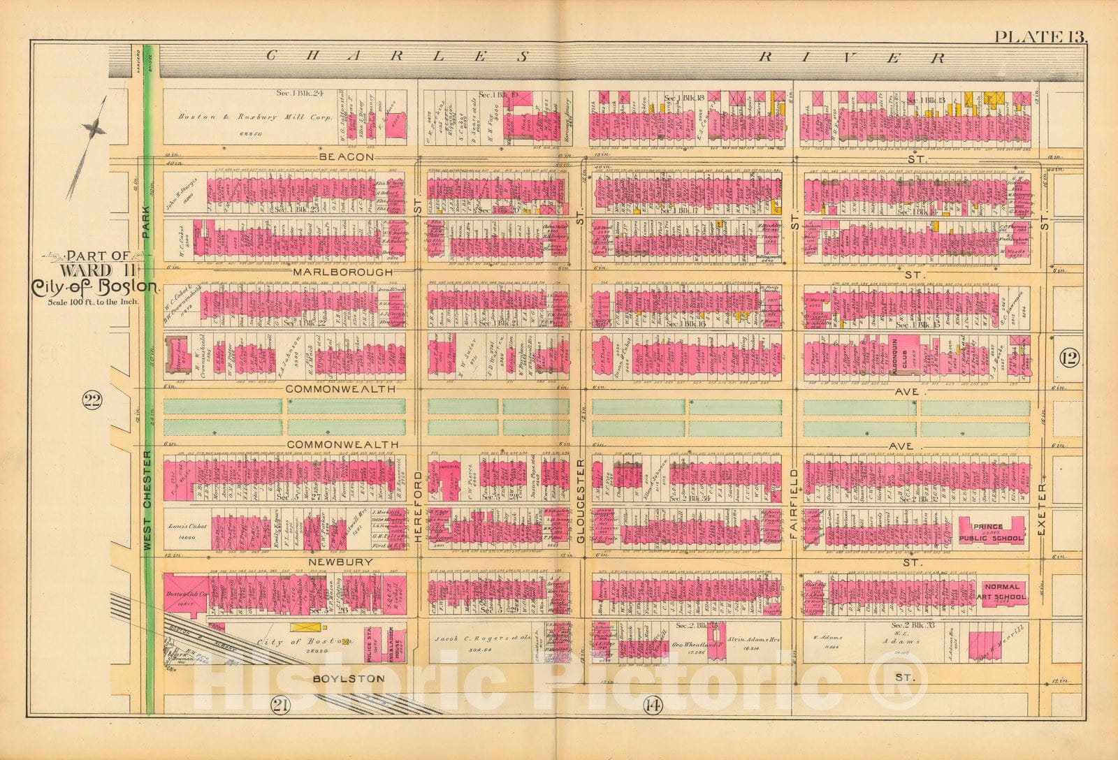 Historic Map : Atlas City of Boston, City Proper and Roxbury, Boston 1890 Plate 013 , Vintage Wall Art