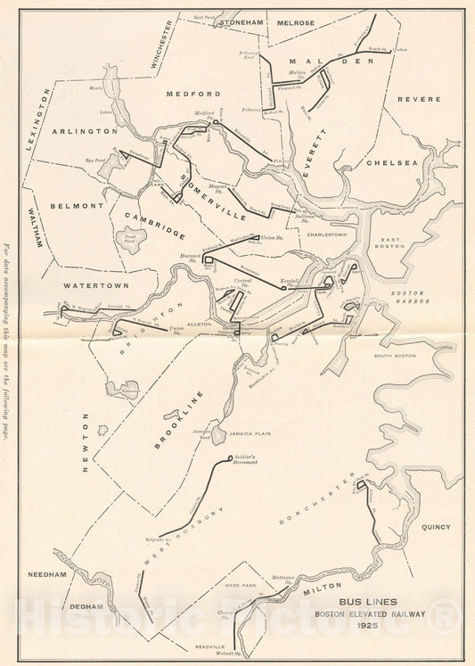Historic Map : Greater Boston Transit Maps, Boston Elevated Railway Bus Lines 1925 Railroad Catography , Vintage Wall Art