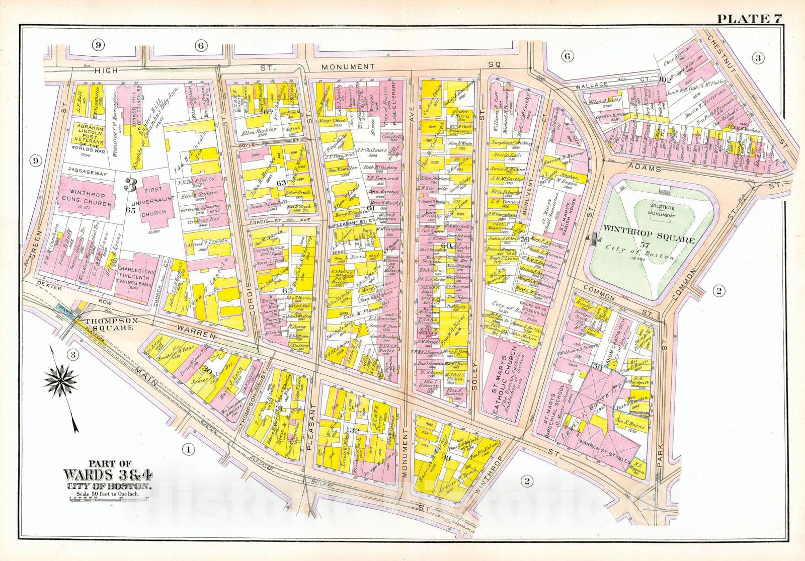 Historic Map : Atlas City of Boston: Charlestown and East Boston, Charlestown 1922 Plate 007 , Vintage Wall Art