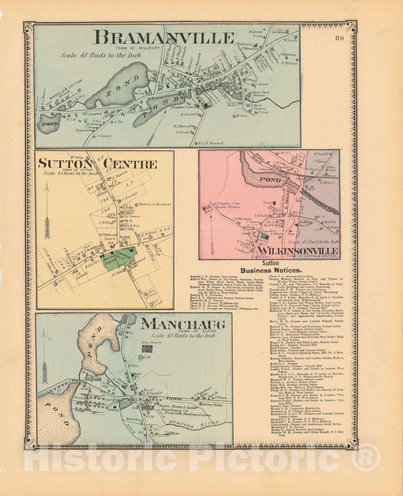 Historic Map : Atlas of Worcester County, Massachsuetts, Sutton 1870 , v2, Vintage Wall Art