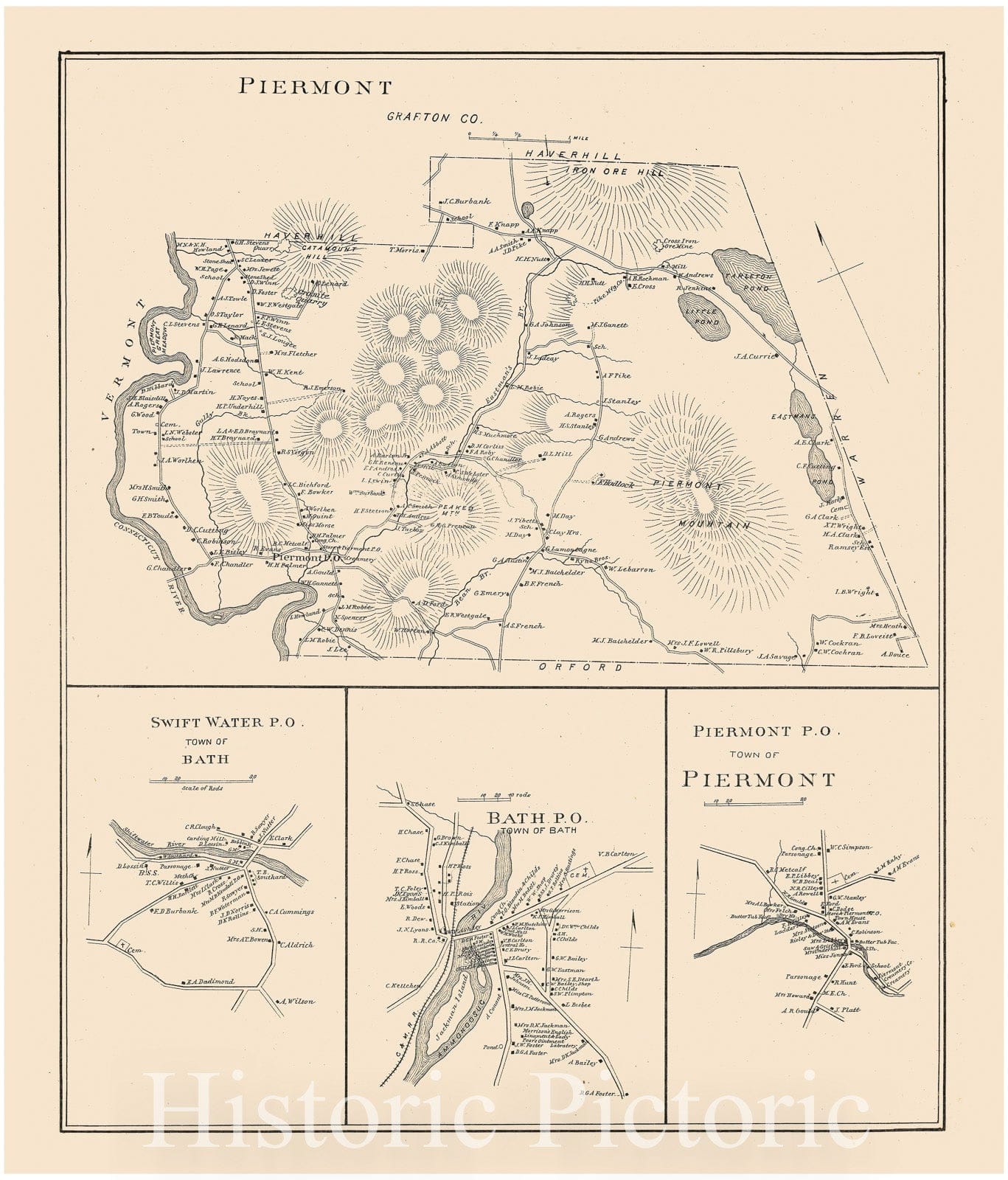 Historic Map : Bath & Piermont 1892 , Town and City Atlas State of New Hampshire , Vintage Wall Art