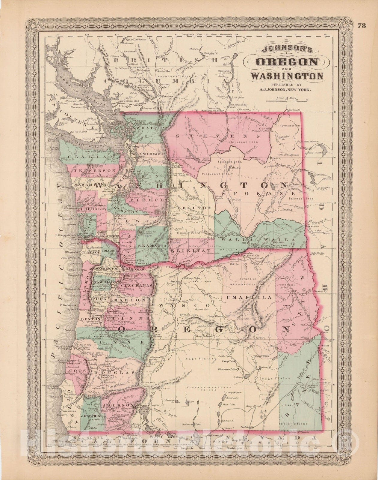 Historic Map : Oregon & Washington 1873 , Family Atlas World , Vintage Wall Art