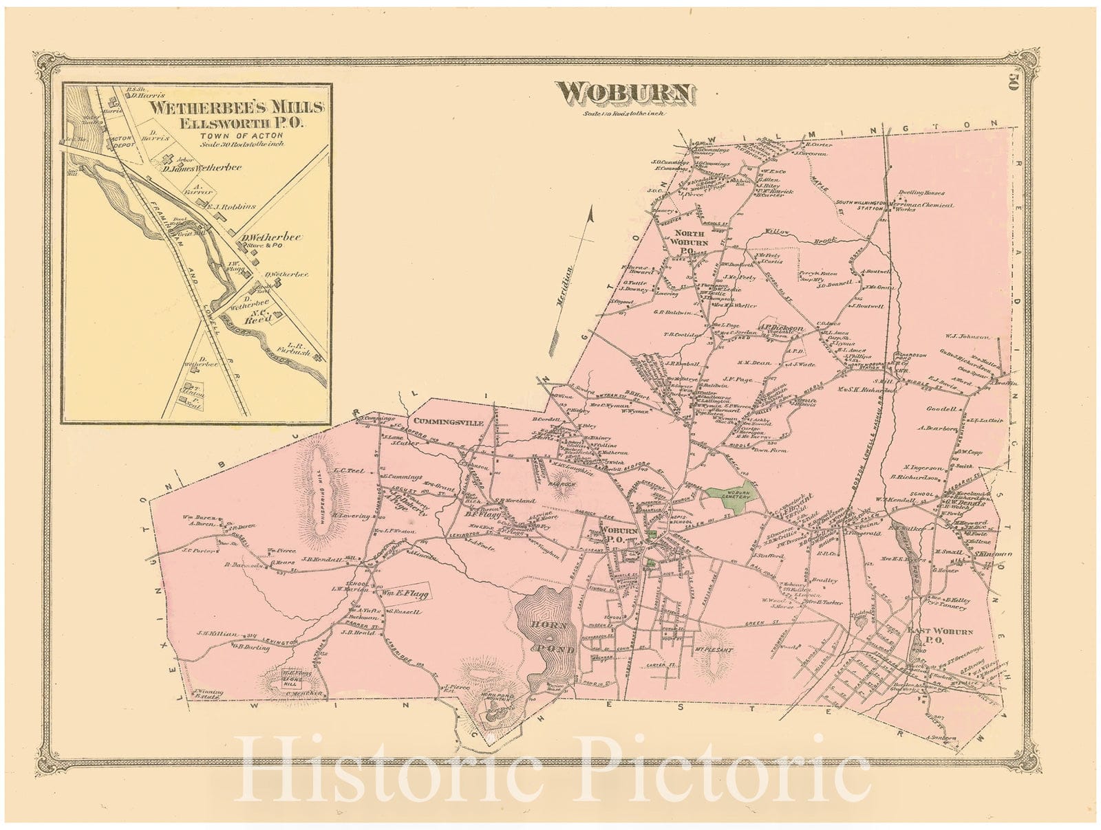 Historic Map : County Atlas of Middlesex Massachusetts, Woburn 1875 , Vintage Wall Art