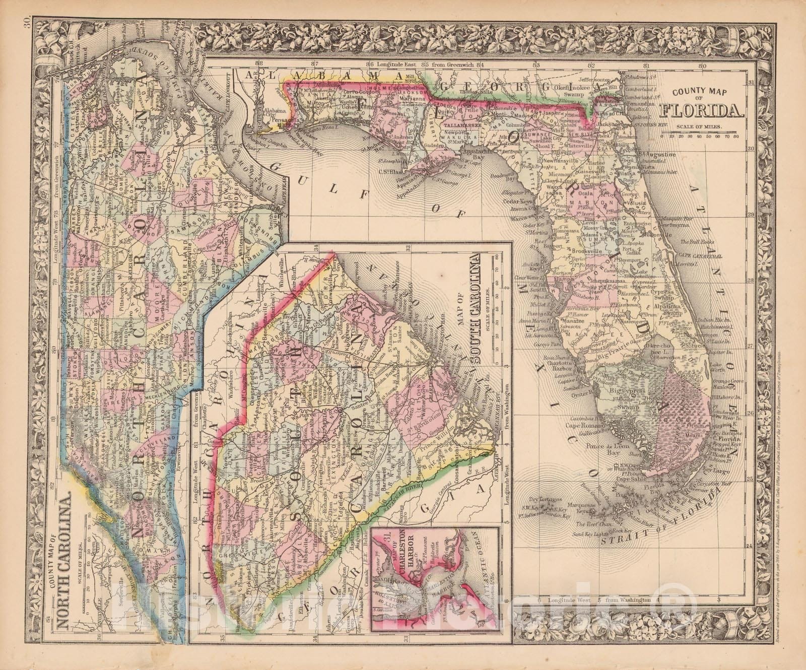 Historic Map : Florida & North Carolina & South Carolina 1864 , New General (World) Atlas , Vintage Wall Art