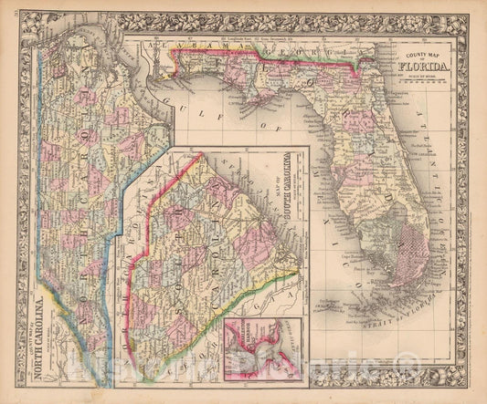 Historic Map : Florida & North Carolina & South Carolina 1864 , New General (World) Atlas , Vintage Wall Art