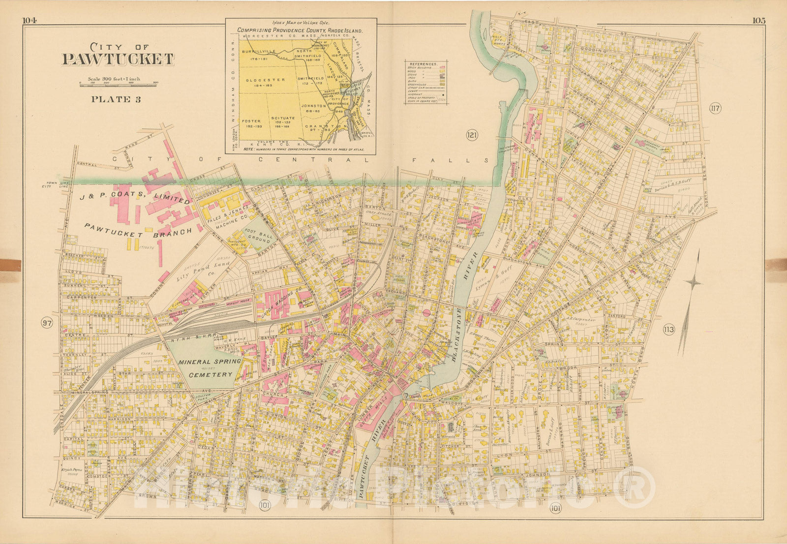 Historic Map : Atlas of Providence County, Pawtucket 1895 Plate 003 , Vintage Wall Art