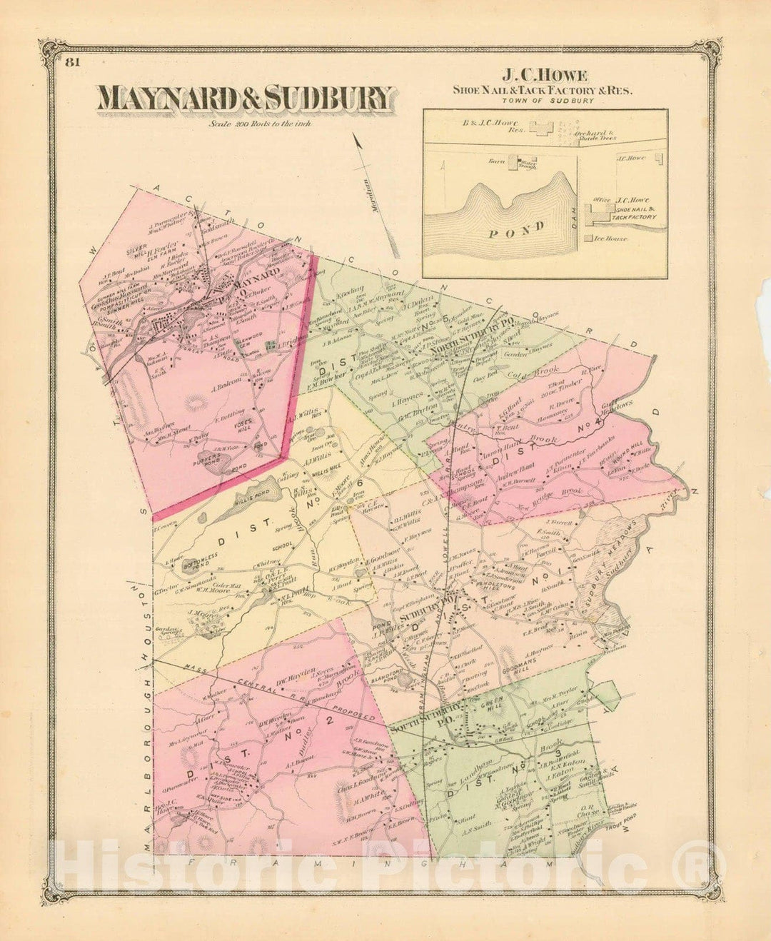 Historic Map : County Atlas of Middlesex Massachusetts, Maynard & Sudbury 1875 , Vintage Wall Art