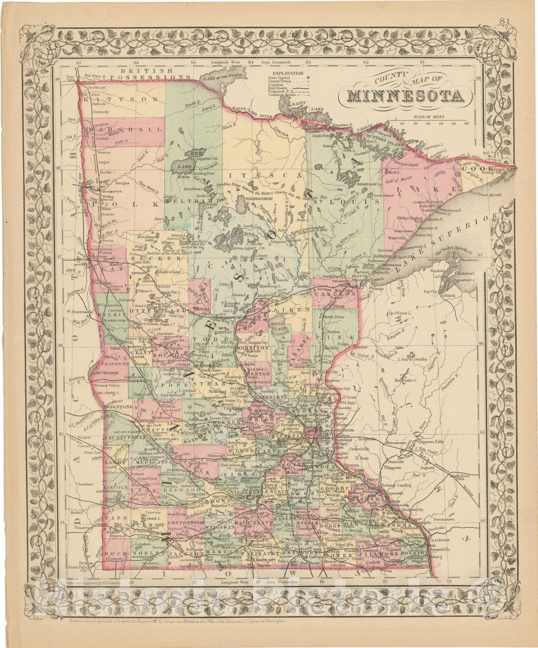 Historic Map : Minnesota 1882 , Mitchell's New General Atlas , Vintage Wall Art
