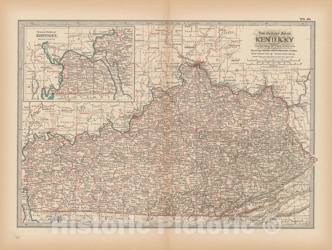 Historic Map : Kentucky 1897 , The Century Atlas World , Vintage Wall Art